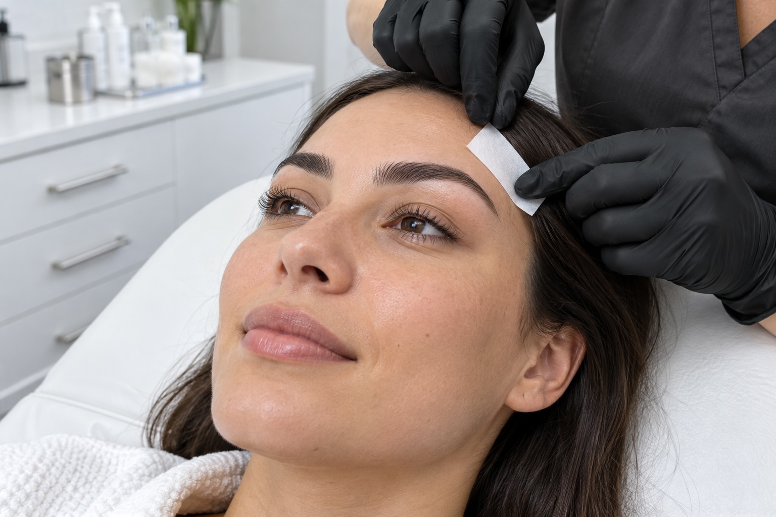 Illustrative close-up of a professional brow waxing treatment